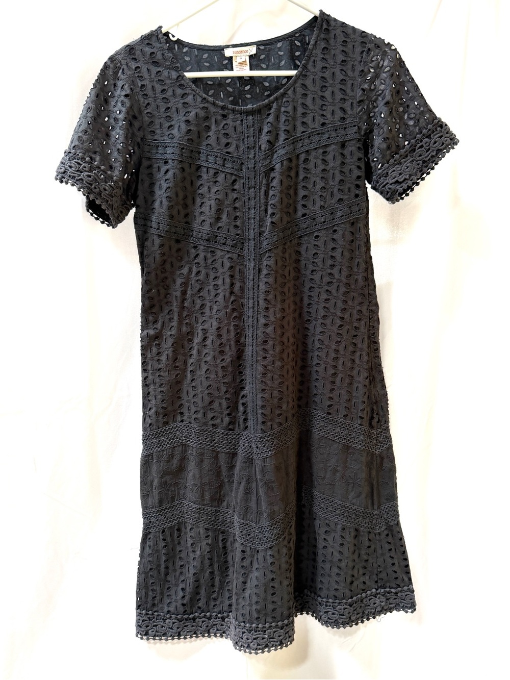 Sundance Vintage Black Eyelet Lace Short-Sleeve Shift Dress, Size S